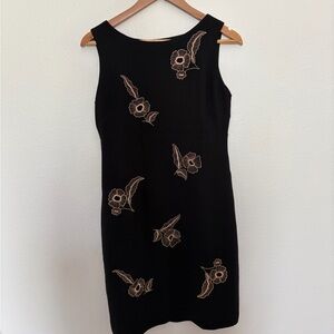 90s Style LOFT Black Sleeveless Mini Dress with Tan Floral Embroidery